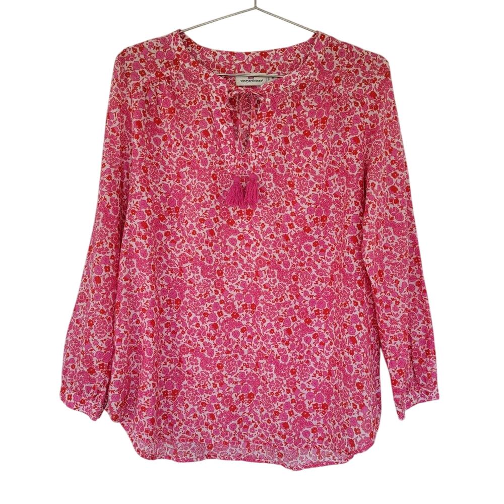 Vineyard Vines Floral Blouse Womens Size M White Red Pink Tassels Cotton
